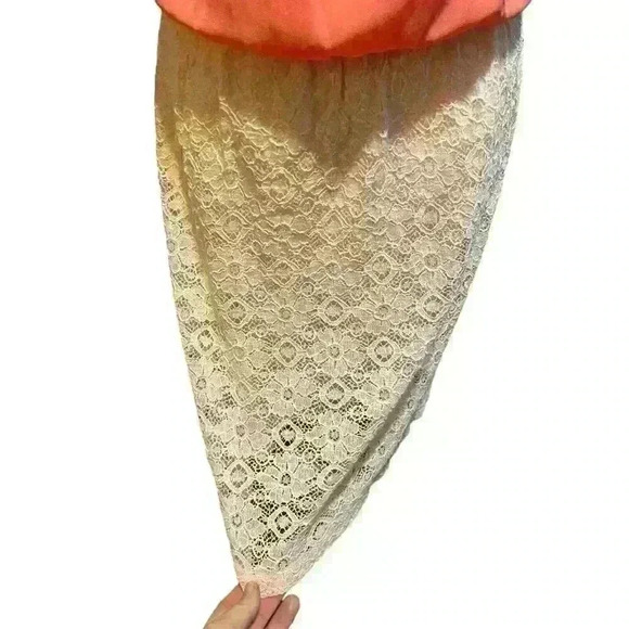 IZ Byer Women's Large V-Neck Coral Pink Flowy Dress with Lace Bottom Sleeveless - Picture 4 of 9